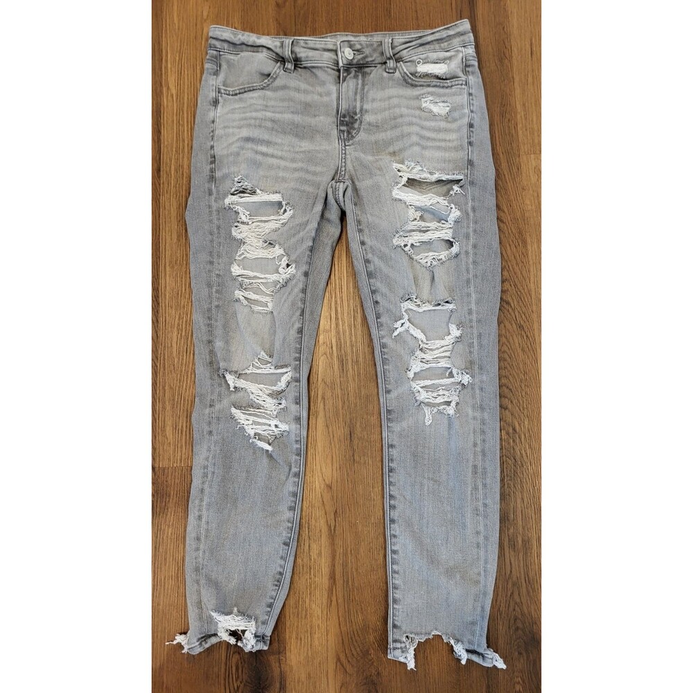 American Eagle Womens Next Level Stretch Jegging Jean Sz 4 Light Gray Ripped